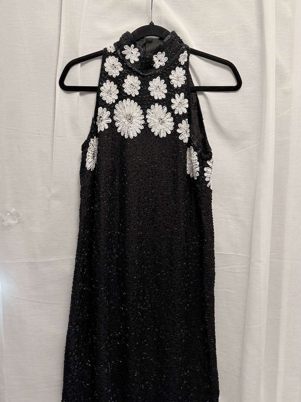 SILK Beaded Halter Dress with White Floral Appliqué
